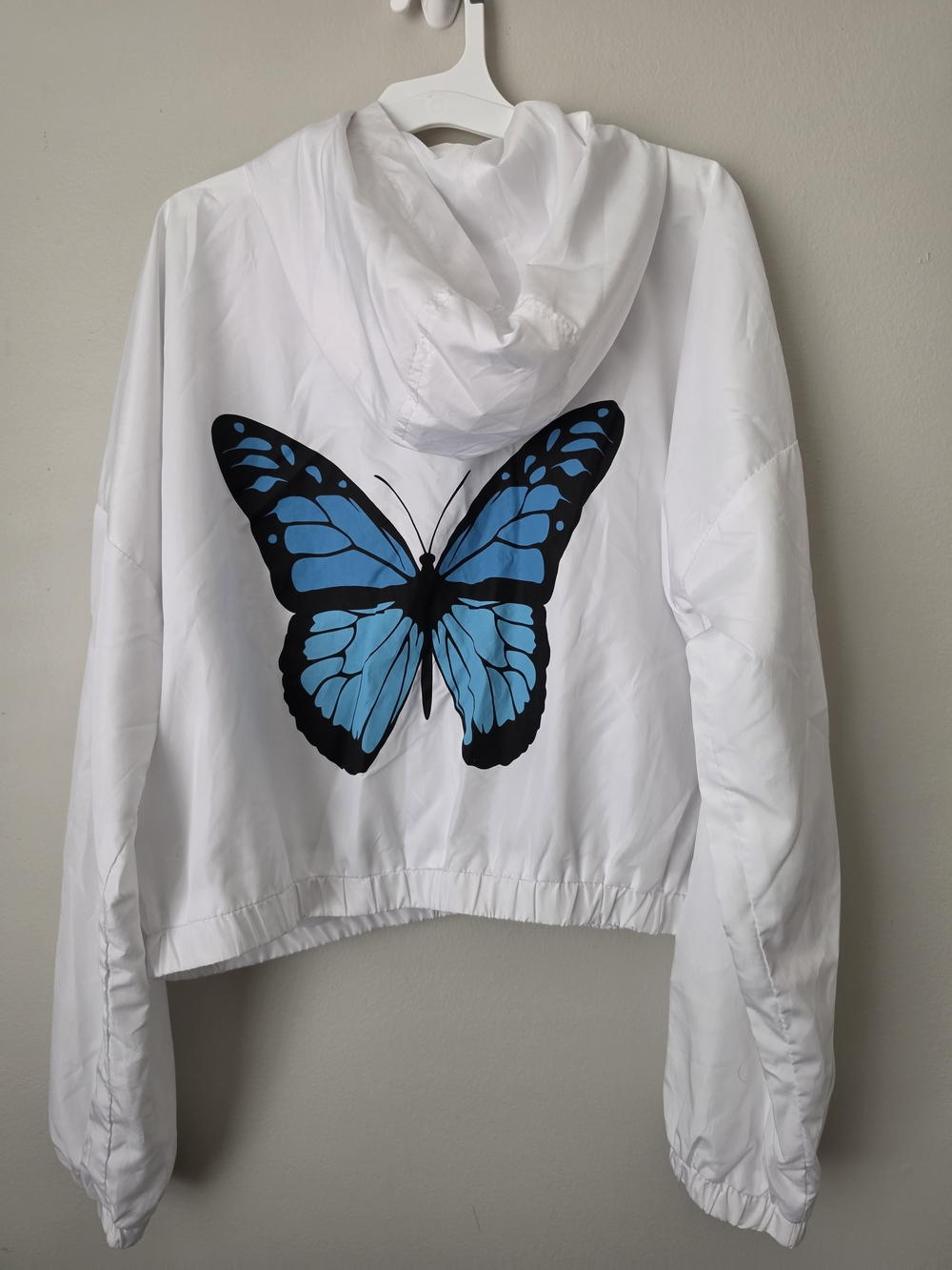 Rue21 White Hooded Bomber Jacket with Blue Butterfly Patch - Picture 2 of 5